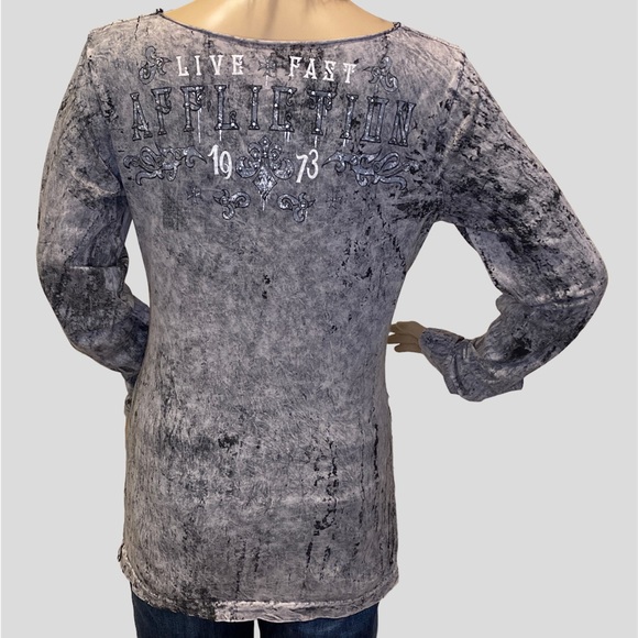 Affliction Distressed Acid-Wash-Look Slashed Long Sleeve Tee Shirt Sz Medium VGC - Picture 5 of 10